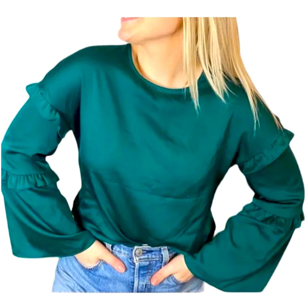 NWT Worthington Small Teal Peacock Green Ruffled Flare Bell Sleeve Eyelet Blouse